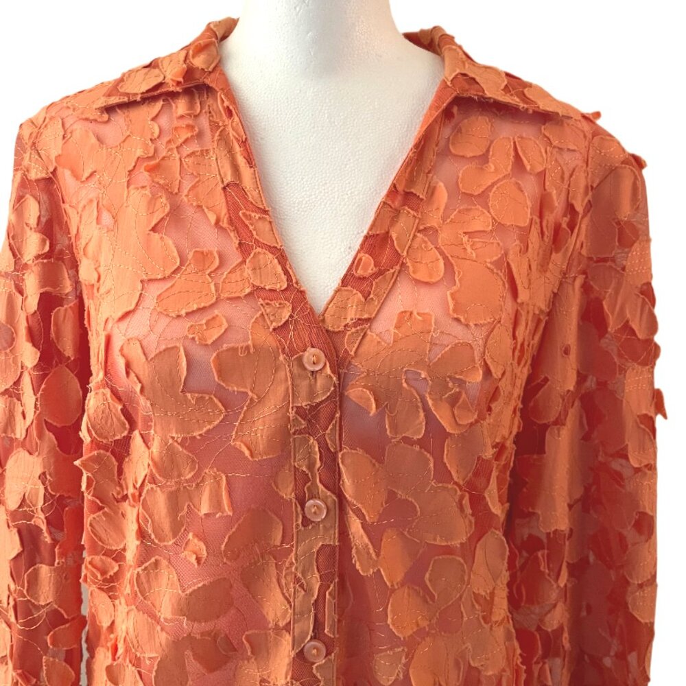 Multiples Tangerine Brocade Button Up Sheer Top 3… - image 5